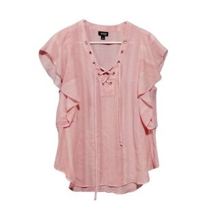 ANA A New Approach Pink Striped Ruffle Sleeve Lace Up Top Women's‎ Size L